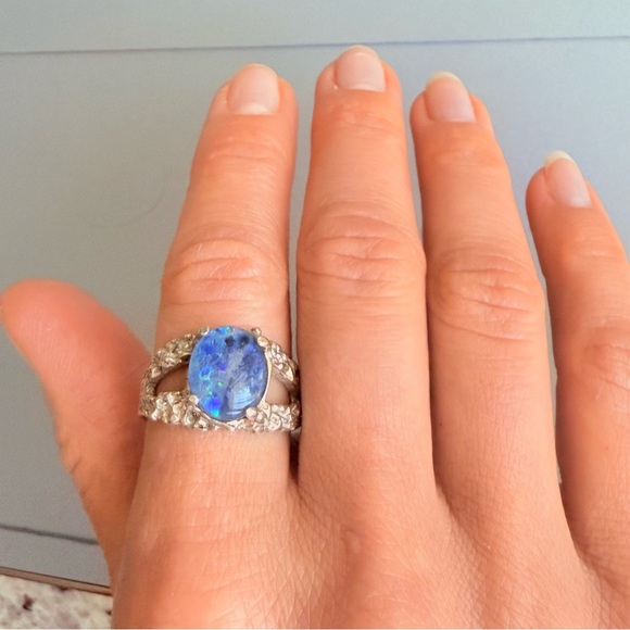 Fire Opal Doublet Artisan Made Textured Unisex Ring in Sterling Silver, … - Picture 9 of 10